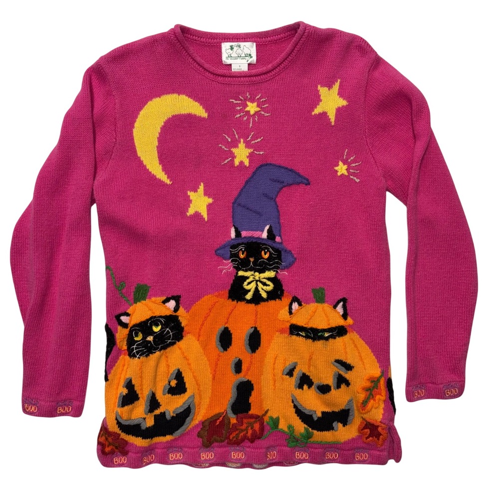 Quacker Factory Halloween Pink Sweater Black Cat Pumpkin Witch Sz S Vintage